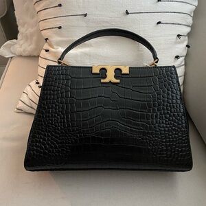 NEW Tory Burch Eleanor Satchel Black Crocodile Embossed Handbag
